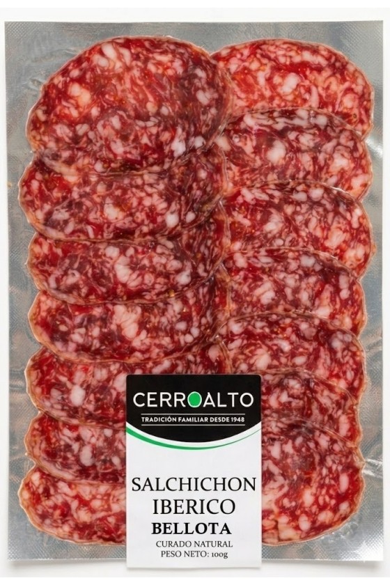 Sobre de Salchichón Ibérico de Bellota loncheado 100 gr , procedente de cerdos ibéricos alimentados con bellotas en las dehesas