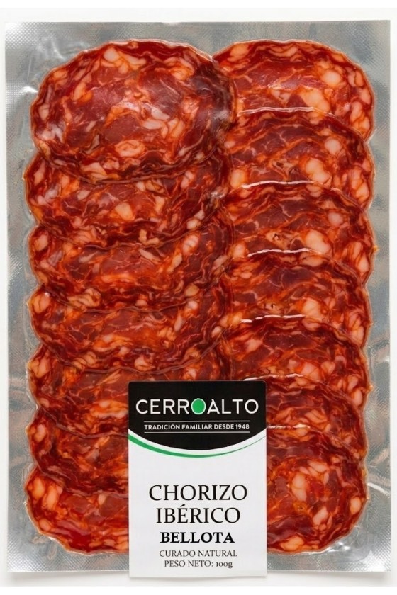 Sobre de chorizo Ibérico de Bellota loncheado 100 gr , procedente de cerdos ibéricos alimentados con bellotas en las dehesas